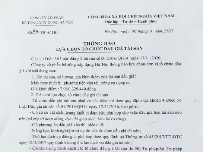 Thông báo: Lựa chọn tổ chức đấu giá tài sản