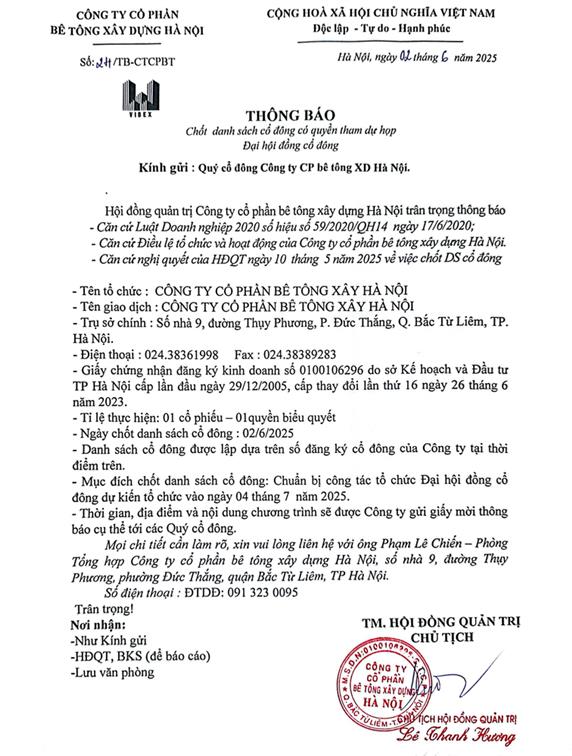 Thông báo: Chốt danh sách cổ đông có quyền tham dự họp 