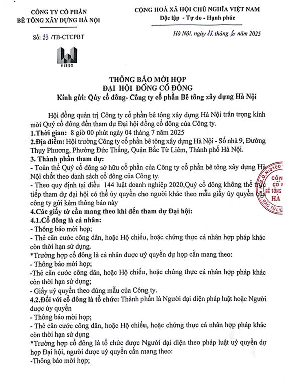 Thông báo: Mời họp ĐHCĐ thường niên năm 2025